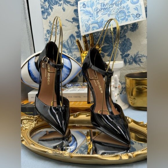 🆕 KURT GEIGER LONDON 🧿 NWOB Brixton Lock T Bar Court Heels, Black Patent, Sz 7 - Picture 5 of 16